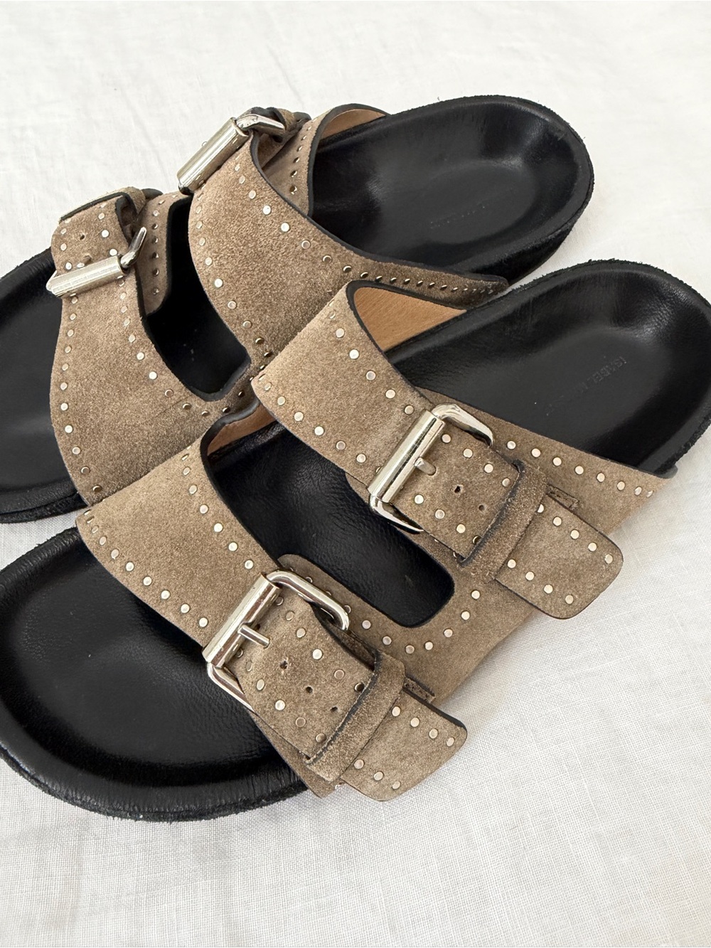 Isabel Marant Studded Double Buckle Suede Slide Sandals - Taupe - Picture 3 of 4